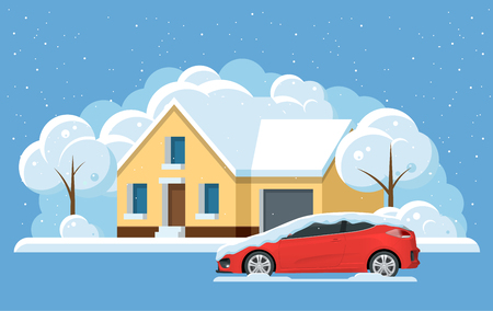 Flat panorama small house under the snow and car, snowdrifts. City under snow, Winter city concept. Vector illustration.のイラスト素材