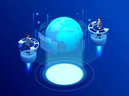 Isometric Global network concept. Global network planet Earth. Administrator Monitors Work of Artificial Intelligence. Professional IT Engineers Working in System Control Centerのイラスト素材