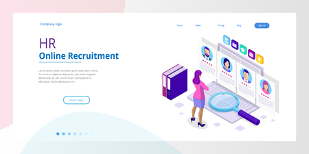 Isometric online job search and human resource, recruitment concept. We are hiring. Presentation for employment and infographics for recruiting. Template website Landing pageのイラスト素材