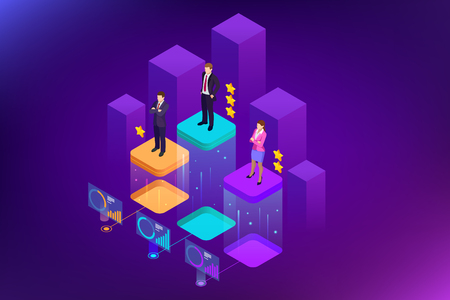 Isometric online job search and human resource, recruitment concept. We are hiring. Presentation for employment and infographics for recruitingのイラスト素材