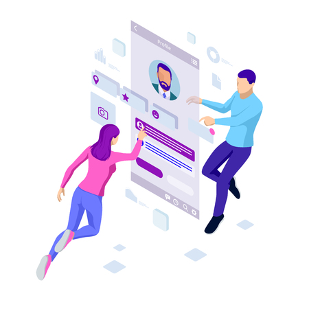 Isometric concept of recruitment management. Employment, social presentation for recruiting. Application for employee hiring. Search for new employees. Career growth. Success in business and work.のイラスト素材