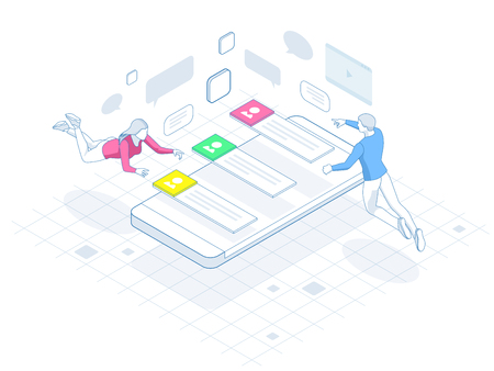 Social media network. People connecting all over the world. People leaving comments and likes for posts. Vector illustration.のイラスト素材