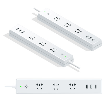 Isometric electric extension cord isolated on white background. Power strip with electrical sockets universal standard and USB charging hub portsのイラスト素材