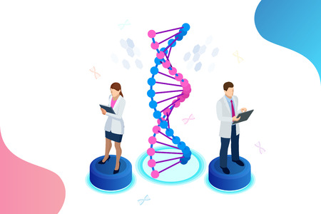 Isometric DNA helix, DNA Analysing concept. Digital blue background. Innovation, medicine, and technologyのイラスト素材
