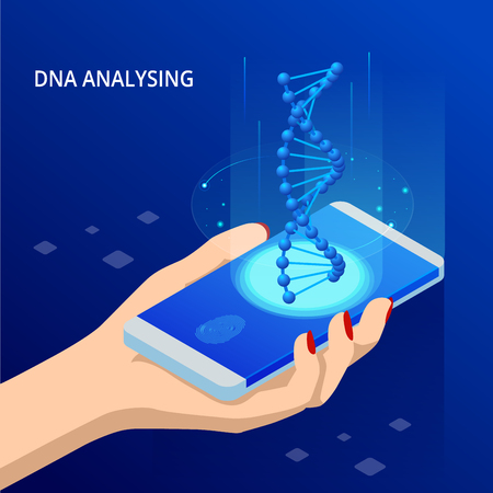 Isometric DNA helix, DNA Analysing concept. Digital blue background. Innovation, medicine, and technology. Augmented Reality DNA on smartphoneのイラスト素材