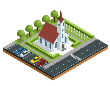 Isometric exterior of a modern church. Small church summer landscape. Vector illustration for religion architecture design. Symbols of Catholicism, religious values.のイラスト素材