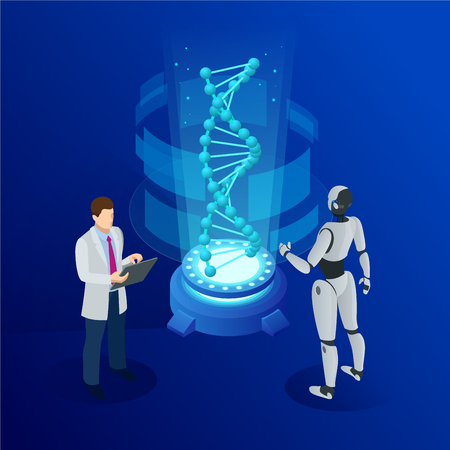 Isometric DNA helix, DNA Analysing concept. Digital blue background. Innovation, medicine, and technologyのイラスト素材