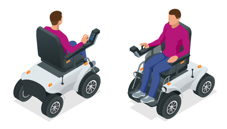Isometric man on an electric wheelchair. New large motorized electric wheelchair. Mobile scooterのイラスト素材