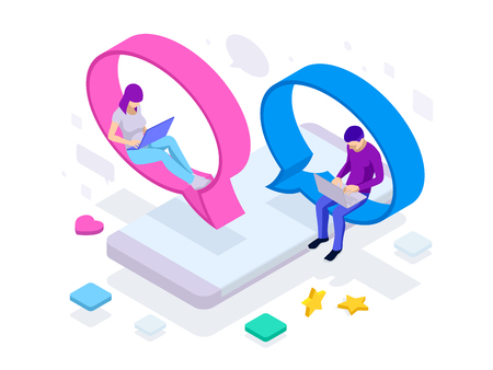 Isometric concept of social media network, digital communication, chatting. Online chat man and woman app icons. Chat messages notification on smartphoneのイラスト素材