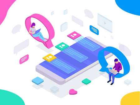 Isometric concept of social media network, digital communication, chatting. Online chat man and woman app icons. Chat messages notification on smartphoneのイラスト素材