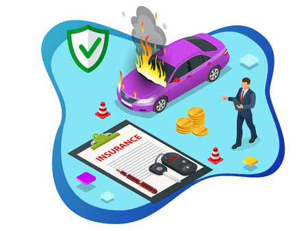 Isometric Car Insurance services. Auto insurance policy with cash and key fob. Protection from danger, providing securit. Vector illustrationのイラスト素材