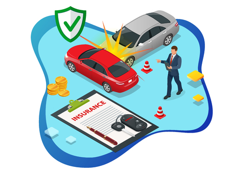 Isometric Car Insurance services. Auto insurance policy with cash and key fob. Protection from danger, providing security.のイラスト素材