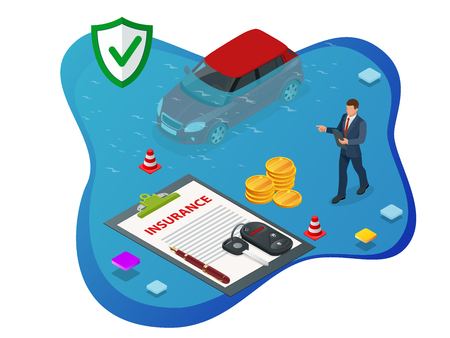 Isometric Car Insurance services. Auto insurance policy with cash and key fob. Protection from danger, providing securit. Vector illustrationのイラスト素材