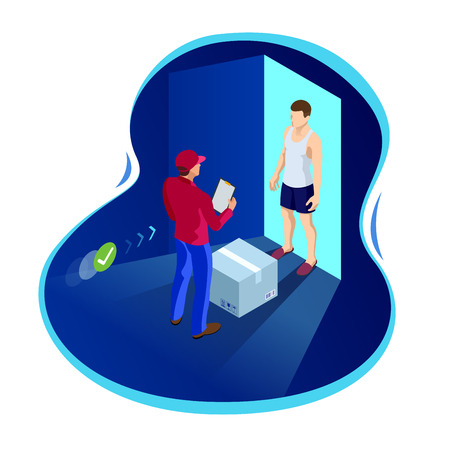 Express home delivery. Courier gives the man a box. Shopping online. Free shipping, 24 hour delivery. Flat vector isometric illustrationのイラスト素材