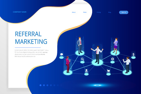 Isometric Referral marketing, network marketing, referral program strategy, referring friends, business partnership, affiliate marketing concept. Landing page template.のイラスト素材