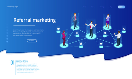 Isometric Referral marketing, network marketing, referral program strategy, referring friends, business partnership, affiliate marketing concept. Landing page template.のイラスト素材