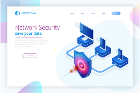 Isometric Protection network security and safe your data concept. Web page design templates Cybersecurity. Digital crime by an anonymous hacker. Vector illustrationのイラスト素材