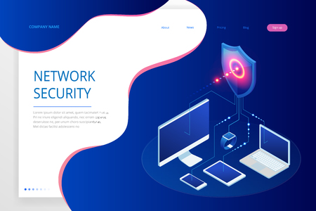 Isometric Protection network security and safe your data concept. Web page design templates Cybersecurity. Digital crime by an anonymous hacker. Vector illustration.のイラスト素材