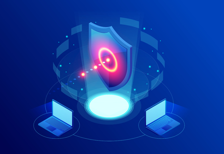 Isometric Protection network security and safe your data concept. Web page design templates Cybersecurity. Digital crime by an anonymous hacker. Vector illustration.のイラスト素材