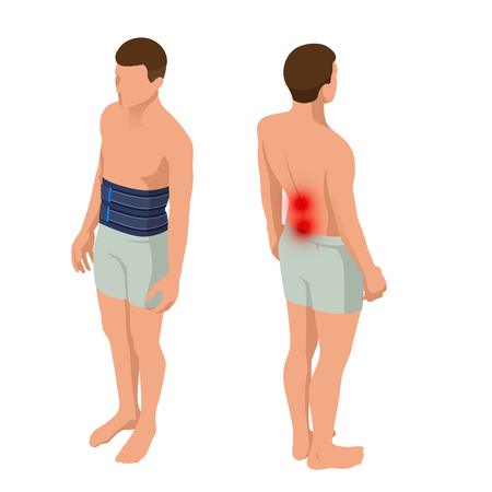 Lower back pain or Spine pain, osteoporosis. Anatomical body of a man. Rehabilitation after trauma. Orthopedics and medicine. Isometric Vector illustration.のイラスト素材