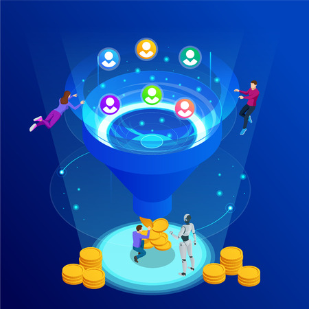 Isometric online funnel generation sales, customer generation, digital marketing and e-business technology concept. Landing page template for web. Internet marketing vector illustration.のイラスト素材