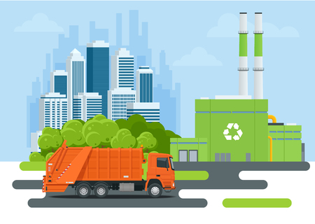 Garbage truck or Recycle truck in city. Garbage recycling and utilization equipment. City waste recycling concept with garbage truck. Vector illustration.のイラスト素材