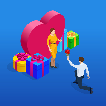 Isometric Valentine s Card with man giving roses to a woman. In love couple with heart and presents. Vector illustrationのイラスト素材