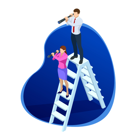 Isometric successful businessman and businesswoman standing on a ladder looking through a telescope. Perspective business planning, career opportunities, and career ladder.のイラスト素材