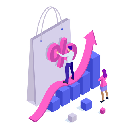 Growth chart stats, big sale, sellout, retail, Black Friday discount. Investors and traders achieve their goals. Vector isometric illustrationのイラスト素材