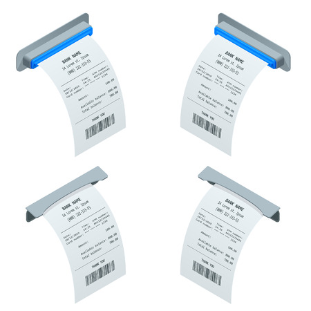 Isometric set of paper check and financial check isolated. Cash register sales receipts printed on thermal rolled paper. Cash receipt vector illustration.のイラスト素材