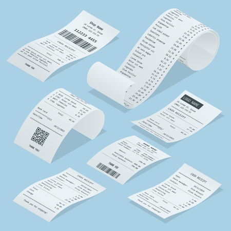 Isometric set of paper check and financial check isolated. Cash register sales receipts printed on thermal rolled paper. Cash receipt vector illustration.のイラスト素材
