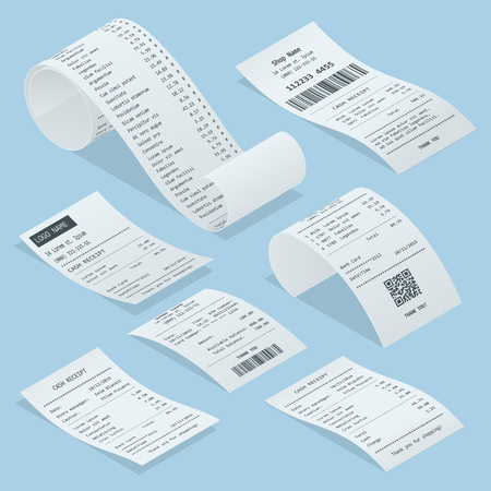 Isometric set of paper check and financial check isolated. Cash register sales receipts printed on thermal rolled paper. Cash receipt vector illustration.のイラスト素材