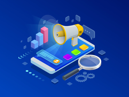 Isometric concept of analytics, strategy, investment, management, Investment, and virtual finance. Communication and digital marketingのイラスト素材