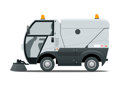 Road Sweeper dust cleaner road sweeper. Special purpose vehicle for washing road. Icon isolated on white.のイラスト素材