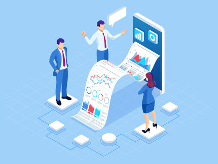 Isometric concept of business analysis, analytics, research, strategy statistic, planning, marketing, study of performance indicators Investment in securities, smart investment, strategic managementのイラスト素材