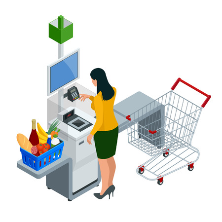 Isometric self-service cashier or terminal. Young woman paying at the self-service counter using the touchscreen displayのイラスト素材