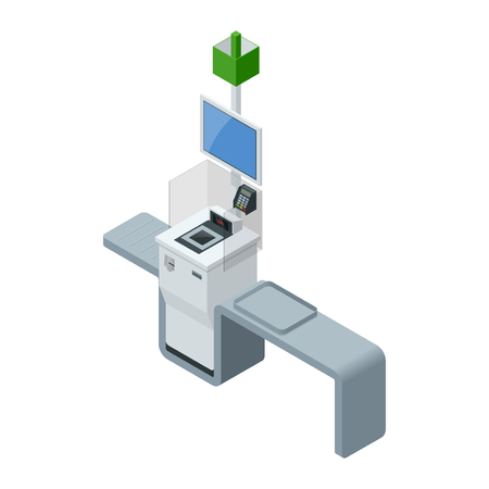 Isometric self-service cashier or terminal. Point with self-service checkout in the supermarketのイラスト素材