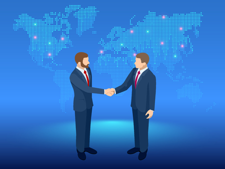 Isometric Global Cooperation. Businessmen shaking hands at the globe. The concept of business agreement and affiliate businessのイラスト素材