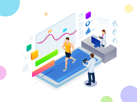 Isometric running on a treadmill and fitness bracelet or tracker isolated on white. Man running on a smartphone treadmill and exercising fitness app and sports under the supervision of doctorsのイラスト素材
