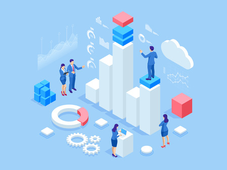 Isometric web banner Data Analysis and Statistics concept. Vector illustration business analytics, Data visualization. Technology, Internet and network concept. Data and investments.のイラスト素材