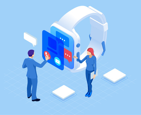 Athlete smart watch or fitness bracelet. Isometric smart watch isolated on white. Smartwatch reflected on white surface. Watch icon on smart colorful screen.のイラスト素材