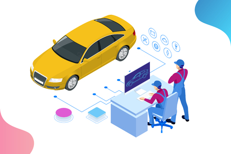 Isometric auto repair service station. Workers in car service tire service and car repair vector illustration.のイラスト素材