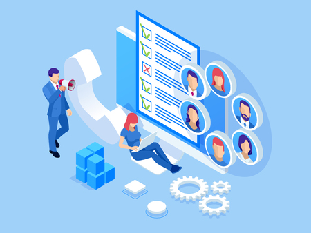 Isometric survey concept banner with characters. Chat bot, online survey. Online exam, questionnaire form, online education, internet quiz.のイラスト素材