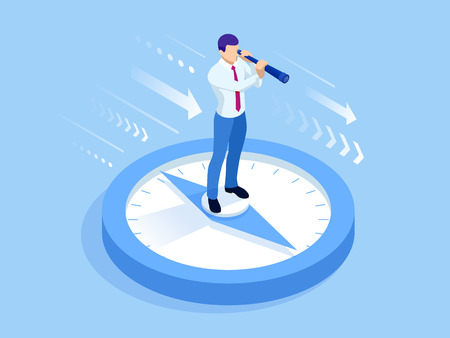 Isometric successful businessman standing and looking through a telescope. Risk in business or Perspective business planning, career opportunities, and career ladder.のイラスト素材