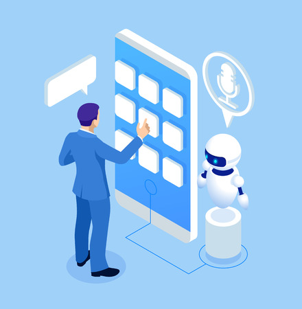 Isometric survey concept banner with characters. Chat bot, online survey. Online exam, questionnaire form, online education, internet quiz.のイラスト素材