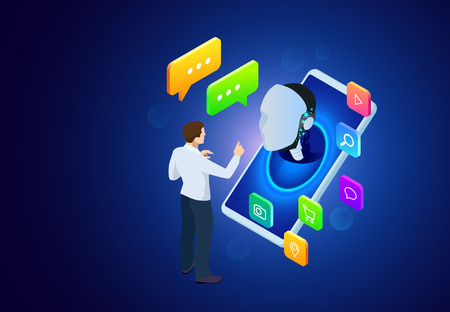 Isometric Chat bot and online survey. Online exam, questionnaire form, online education, internet quiz. Artificial intelligence. AI and business IOT concept.のイラスト素材