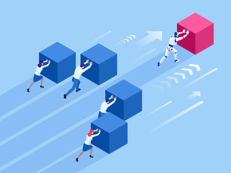 Isometric Business people and robot pushing cubes.のイラスト素材