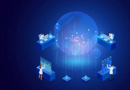 Isometric Creative Innovation Technology Concept. World Map Interface and Artificial Intelligenceのイラスト素材