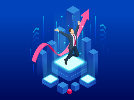 Isometric businessman success, leadership, awards, career, successful projects, goal, winning plan, leadership qualities in a creative team, direction on a successful path concept.のイラスト素材