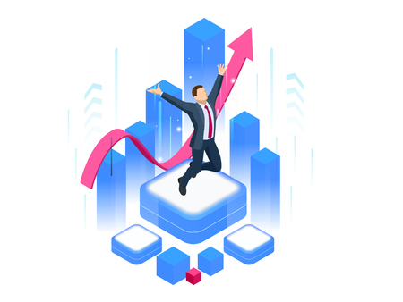 Isometric businessman success, leadership, awards, career, successful projects, goal, winning plan, leadership qualities in a creative team, direction on a successful path concept.のイラスト素材